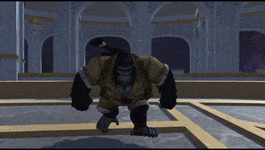 a gorilla is standing in a building with columns
