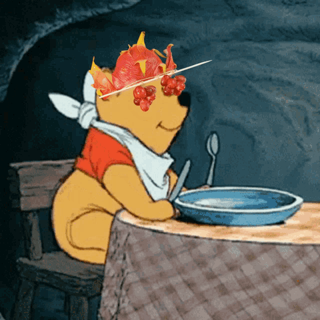 winnie the pooh is sitting at a table with a plate of food