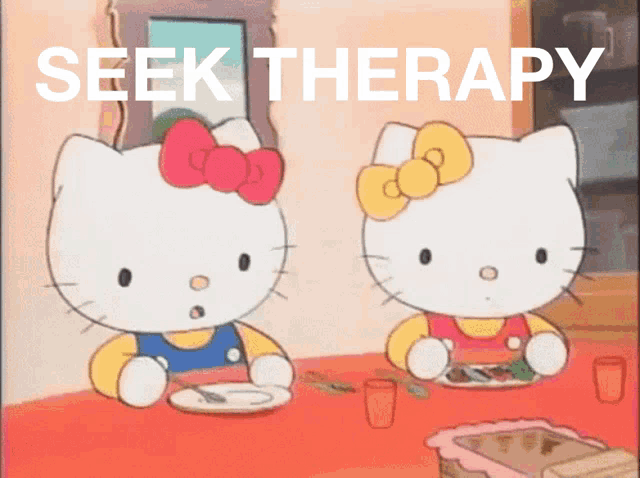 two hello kitty characters sitting at a table with the words seek therapy written above them