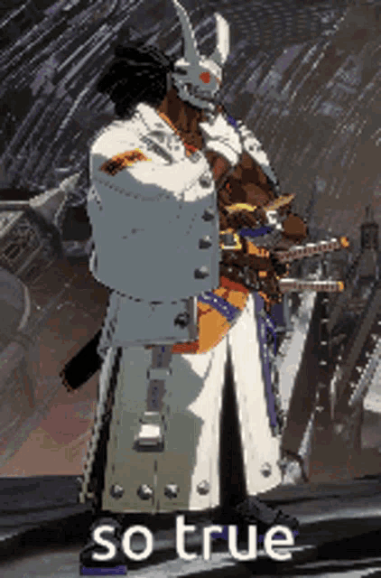 a man in a bunny mask is holding a sword in a video game with the caption so true