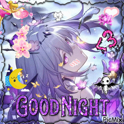 a picture of a girl with purple hair and the words good night on the bottom