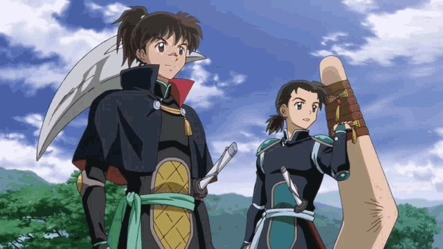 a couple of anime characters standing next to each other one holding a sword