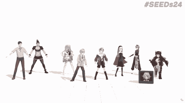 a group of anime characters are standing in a row with # seeds24 written above them