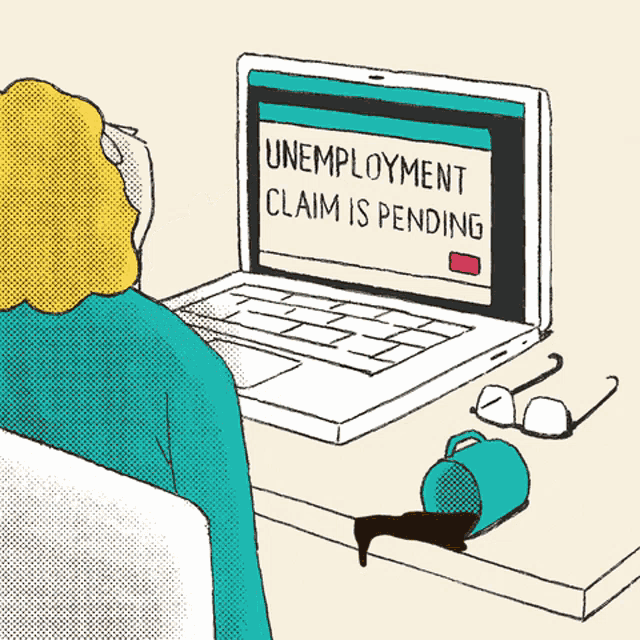 a woman sits at a desk looking at a laptop that says unemployment claim is pending