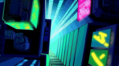 a cartoon drawing of a futuristic city with a neon sign that says ' tokyo ' on it