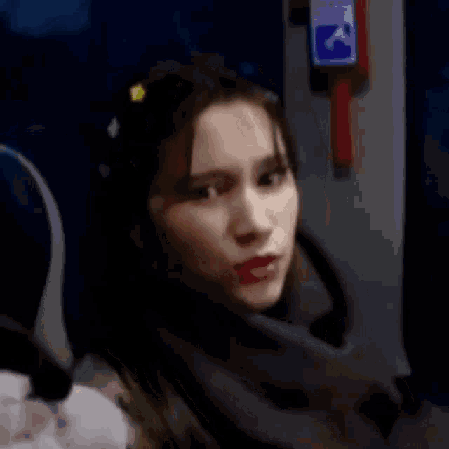 a woman is sitting on a bus and smiling .