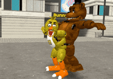 a teddy bear and a chick are standing in front of a building with a sign that says bunny