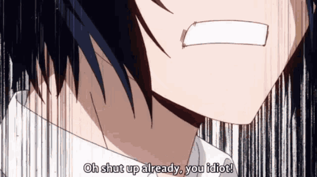 a close up of a person 's face with the words " oh shut up already you idiot "