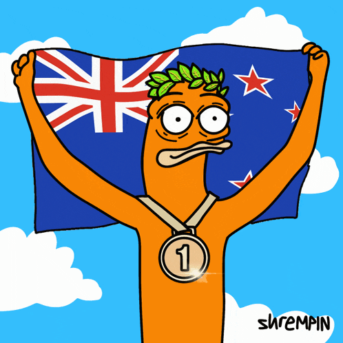 a cartoon of a man holding a flag and a medal with the number one on it