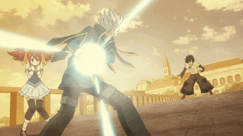 a man and a girl are standing next to each other with a light coming out of their hands