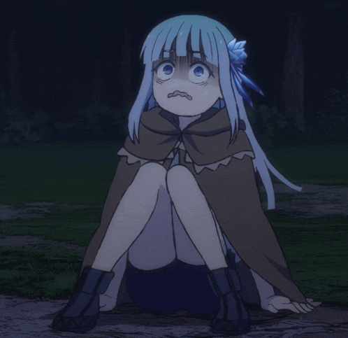 a girl with blue hair and a flower in her hair is kneeling down with her eyes closed
