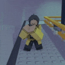 a cartoon character in a yellow jacket is kneeling down