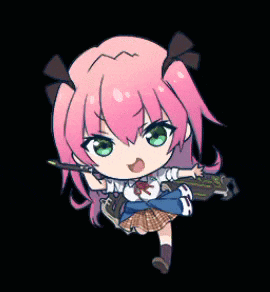 a little girl with pink hair and green eyes is holding a gun