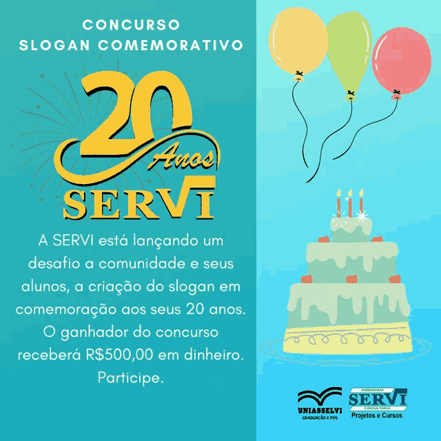a poster with a cake and balloons that says ' slogan comemorativo ' on it