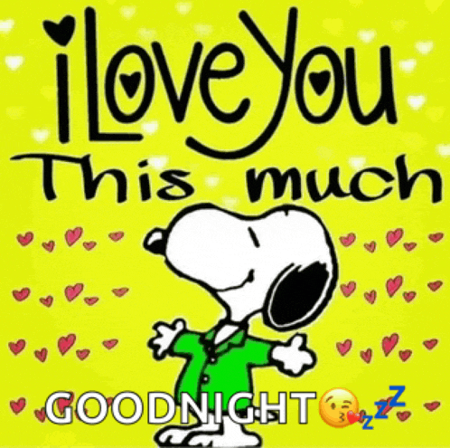 snoopy is hugging someone and says `` i love you this much goodnight ''