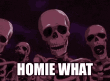 a group of skeletons are standing next to each other with the words " homie what " written on them .