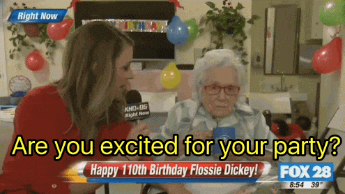 a woman talking into a microphone with the words are you excited for your party below her