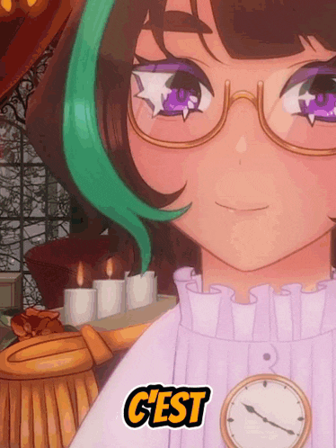 a girl with glasses and green hair is wearing a gest sticker with a clock