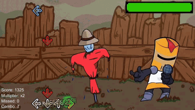 a scarecrow and a knight are fighting in a video game with a score of 1325