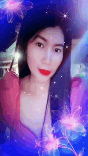 a woman in a pink top is surrounded by flowers and stars