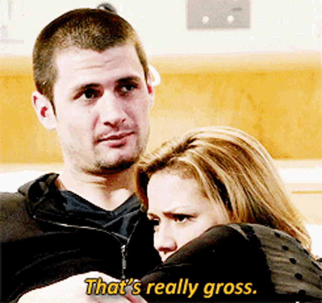 a man and woman are hugging and the man says " that 's really gross "