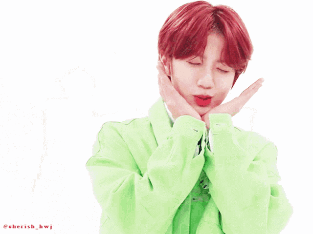 a boy with red hair is wearing a green jacket with a name tag that says cherish