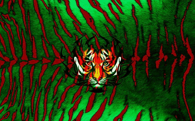 a green and red striped background with a tiger 's face in the center