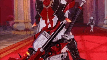 a girl in a red dress is holding a sword and a shield with the letter f on it
