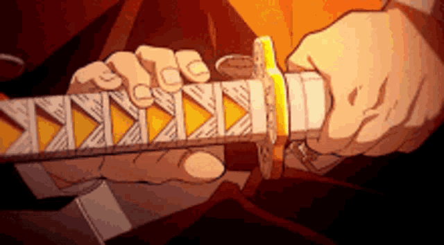 a person is holding a sword in their hands in a cartoon .
