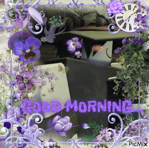 a picture of purple flowers and a clock says good morning