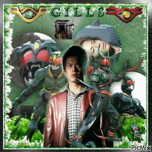 a man in a red jacket is surrounded by a group of superhero figures with the name gillis on the bottom