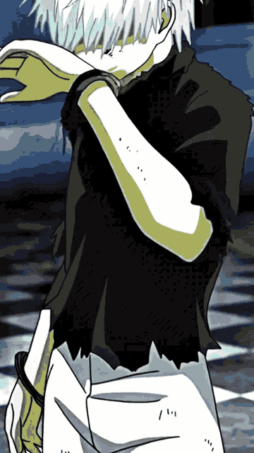 a drawing of a man with white hair and green arms