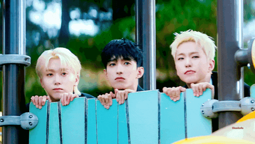 three young men are peeking over a blue fence in a park