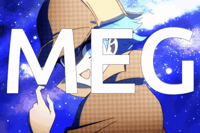 the word meg is on a blue background with a cartoon character
