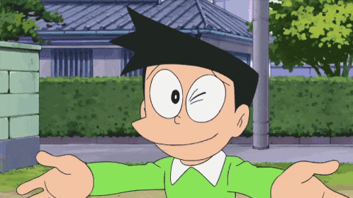 a cartoon character with a green shirt and white collar is smiling with his arms outstretched