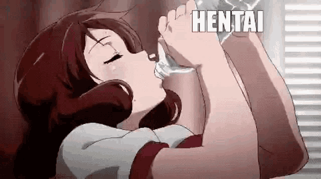 a girl is drinking water from a glass with the word hentai written on it .
