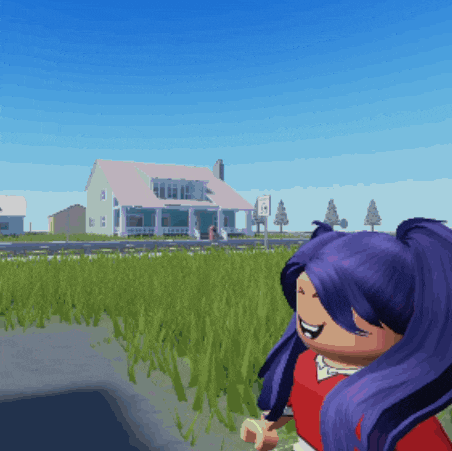 a girl with purple hair stands in front of a white house