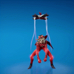 a woman in a red suit is flying through the air with a parachute attached to her