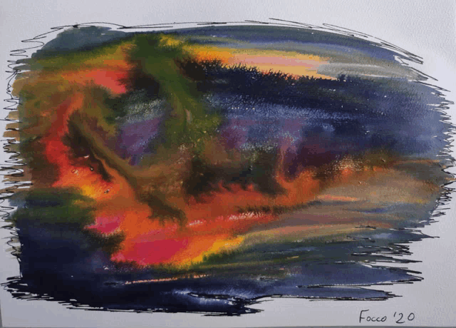 a painting by focco '20 is displayed on a white paper