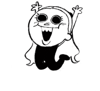 a black and white drawing of a cartoon character with big eyes and a smile on his face .