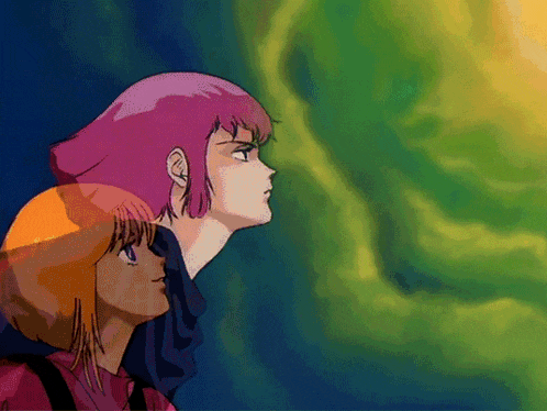 a couple of anime characters looking at something in the distance