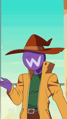 a cartoon character wearing a purple hat with the letter w on it