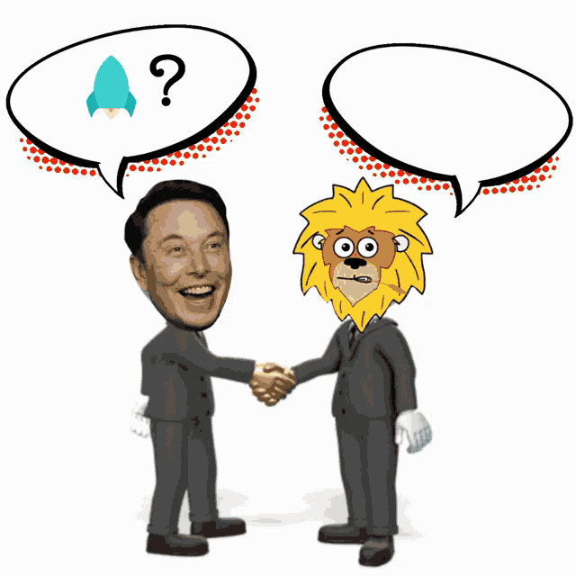 a cartoon of elon musk and a lion shaking hands with a speech bubble saying yes we will
