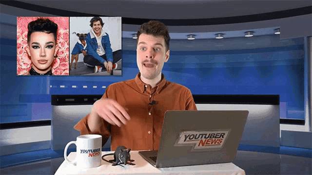 a man sitting at a desk with a laptop that says youtuber news