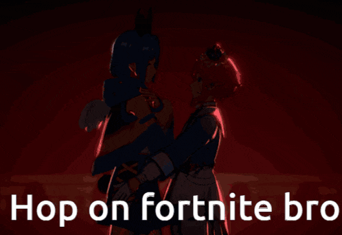 a couple of anime characters hugging with the words hop on fortnite bro