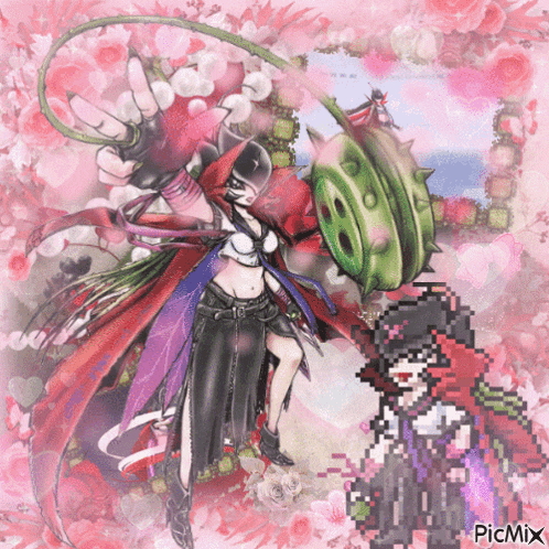 a pixel art of a woman surrounded by pink flowers with picmix in the corner