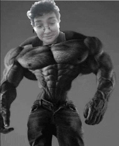 a black and white photo of a very muscular man with glasses on .