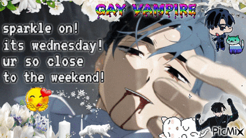 a picture of a man with blood coming out of his mouth and the words " gay vampire " on top