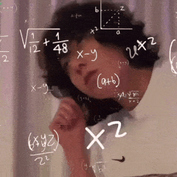 a woman is surrounded by mathematical equations including x = y