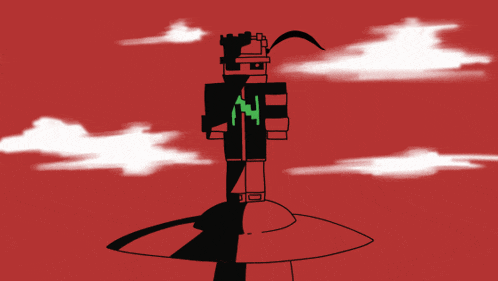 a drawing of a man with a sword on a red background with clouds in the background